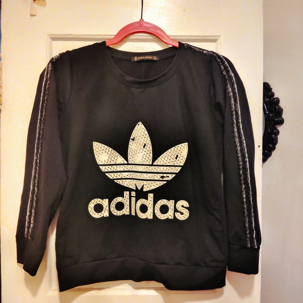 Zara adidas Graphic Logo Long Sleeve Black Sweater Women Small S Silver Glitter